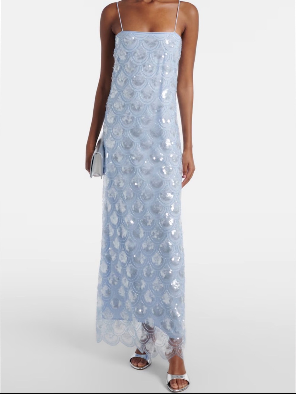 Scallop Sequin Slip Maxi Dress in Light Blue
